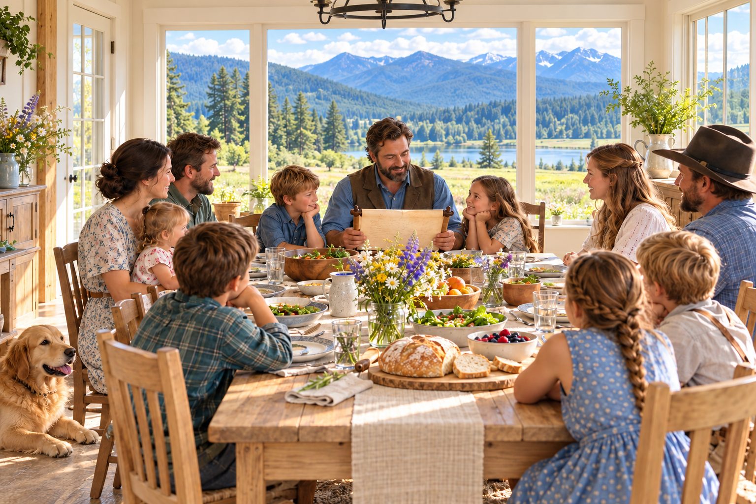 Families gathered around a farmhouse table for the Sabbath, with the mountains outside the windows